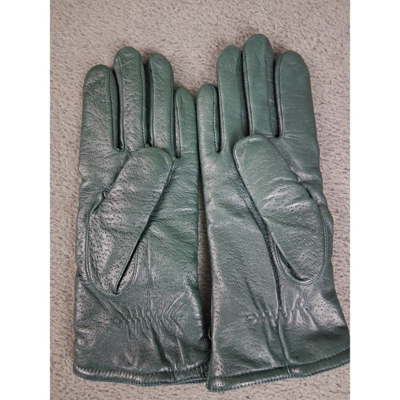 Vintage Isotoner by ARIS Green Leather Gloves Women 7.5 M Textured Lined - Picture 3 of 6